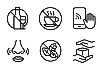 Contraindication Icons. Line style icons of contraindications and care: no alcohol sign, no coffee symbol, keep away from