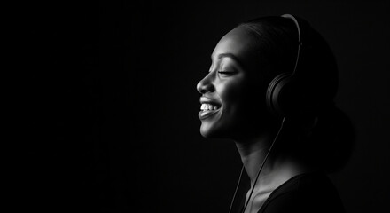 A joyful woman with curly hair smiles with her eyes closed while wearing headphones against a black background.