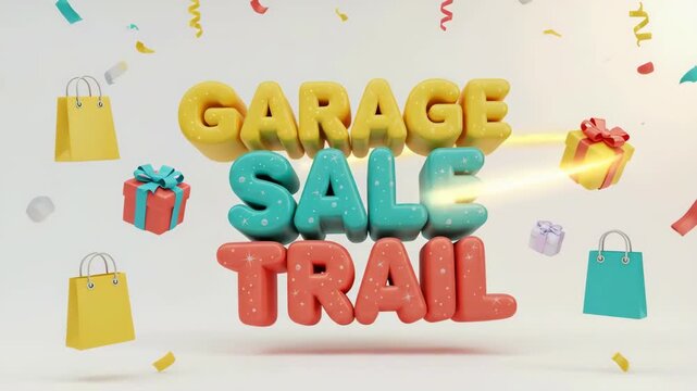 A vibrant and festive 3D rendering celebrating a community-wide garage sale event, featuring playful typography, shopping bags, and confetti