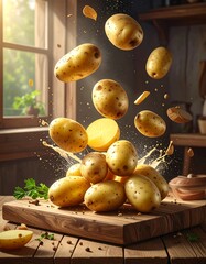 Fresh potatoes cascade onto a wooden board with splashes.
