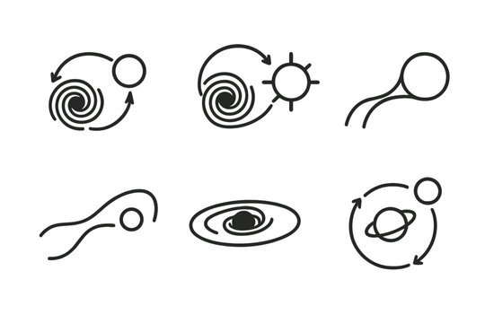 Black Hole Icons. Line style icons of black holes: x-ray binary system, stellar companion, accreting black hole, gas stream icon,