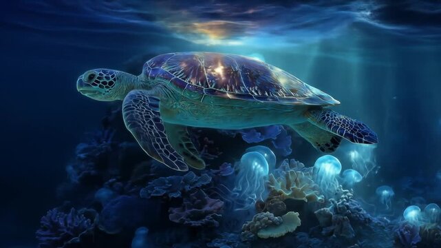 Underwater scene turtle swimming among corals and glowing jellyfish