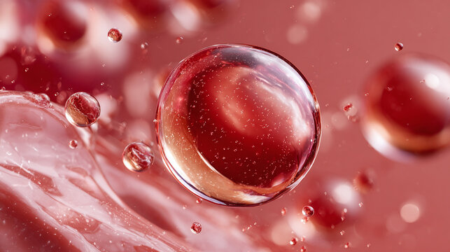 An abstract macro of a water droplet floating with other drops. The water appears to be glowing and the background seems like skin surface