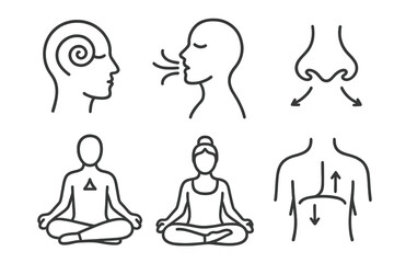 Holistic Breathing Icons. Line style icons of holistic healing: breathwork and prana, deep inhale symbol, breath flow lines,