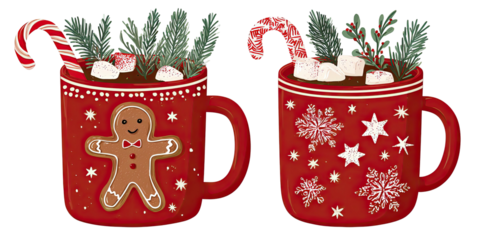 Two festive red mugs with hot chocolate and Christmas decorations