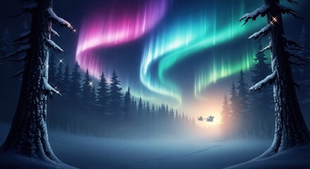 Obraz premium Vibrant aurora borealis displaying over forest and illuminated by light