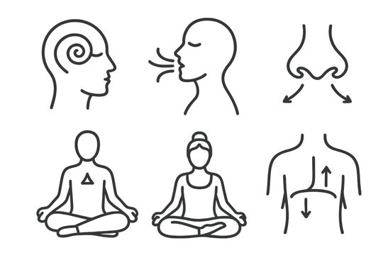 Holistic Breathing Icons. Line style icons of holistic healing: breathwork and prana, deep inhale symbol, breath flow lines,