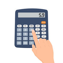 hand holding calculator and pushing button, keyboard for business, finance. Electronic counting device for financial accounting