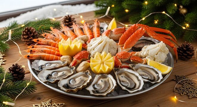 Seafood platter with shrimp crab oysters and lemon wedges on a christmas decorated wooden table