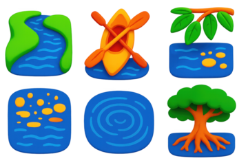 Tropical Waterway Icons. 3D icon set of tropical waterway scenes: winding river, floating kayak, overhanging branches, dappled