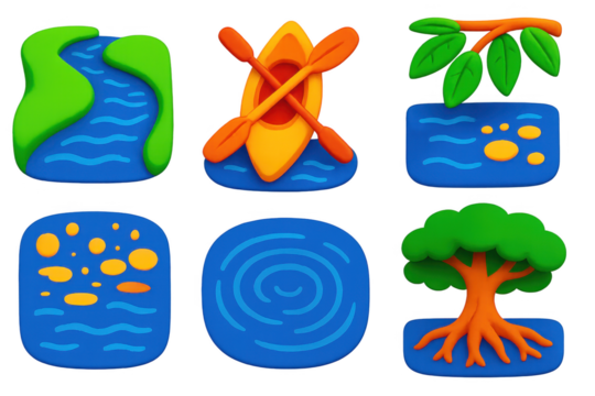 Tropical Waterway Icons. 3D icon set of tropical waterway scenes: winding river, floating kayak, overhanging branches, dappled