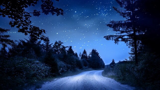 A dark forest road curves beneath a starry night sky, trees on both sides - Powered by Adobe