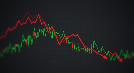 Digital image of a stock market chart showing a downward trend with red and green lines