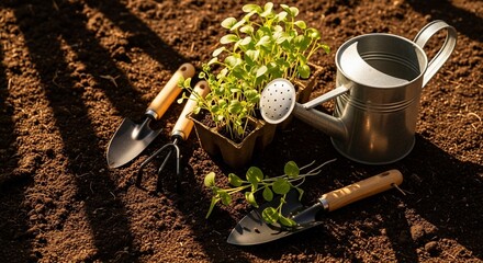 Gardening Tools and Seedlings on Soil - A Gardeners Delight.