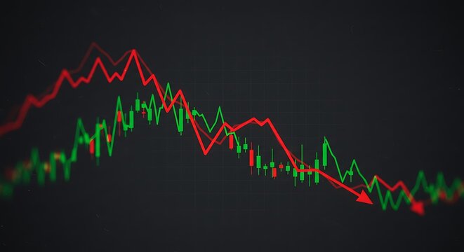 Digital image of a stock market chart showing a downward trend with red and green lines