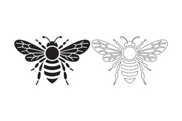 Two stylized bee illustrations one solid black one detailed outline