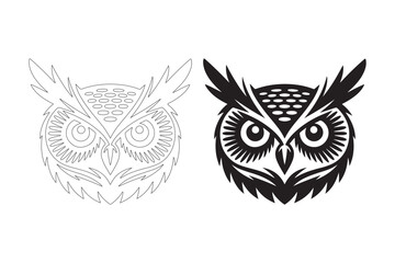 Detailed black and white owl head illustration with sketch outline