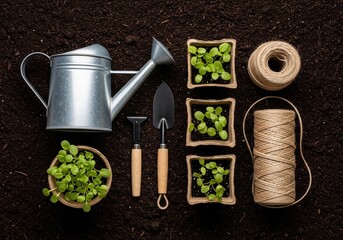 Gardening Tools and Seedlings on Soil - A Top-Down View.