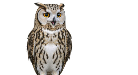 A Detailed Portrait of a Eurasian Eagle Owl with Orange Eyes and Open Beak on a Transparent Background