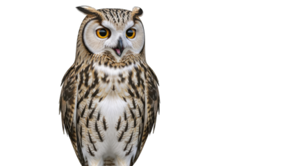 A Detailed Portrait of a Eurasian Eagle Owl with Orange Eyes and Open Beak on a Transparent Background