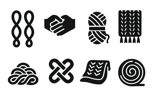 Arm Knitting Icons. Solid style icons of Arm Knitting: Yarn Loops, Interlocked Hands, Wool Skein, Growing Scarf, Floor Pile, Knot