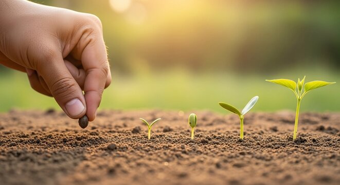 Hand planting seed in soil with seedling growth stages.