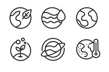 Exoplanet Icons Collection. Line style icons of exoplanets: habitable planet, liquid water zone, Earth-like world, biosignature
