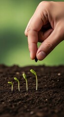 Hand planting seed in soil with seedlings in a row.