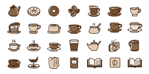 Coffee and dessert icons in a grid on black background