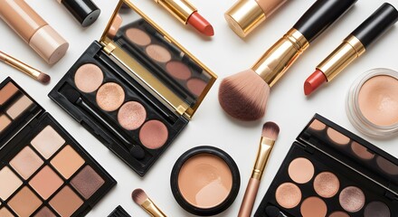 Cosmetics arrangement showcasing makeup products on white surface overhead view