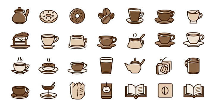Coffee and dessert icons in a grid on black background