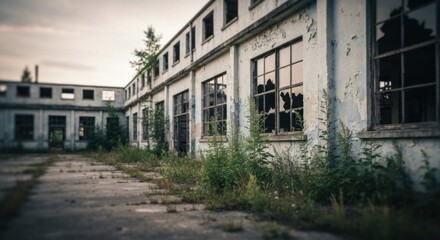 Abandoned factory building, overgrown with weeds. Broken windows, pale walls. Gray concrete floor