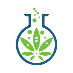 Lab flask containing a herbal leaf, blending science and nature for laboratory, wellness, or botanical research uses outline vector icon