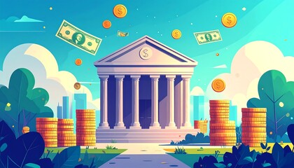 Cartoon illustration of a bank with money flying around