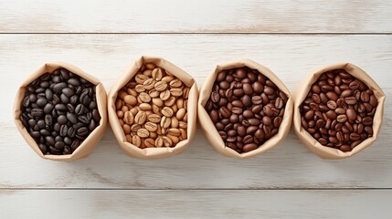 Fototapeta premium Craft paper bags filled with various roast levels of coffee beans arranged on a wooden surface, showcasing rich textures and colors for coffee enthusiasts and connoisseurs