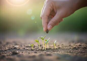 Hand planting seed in soil with young sprouts growing.