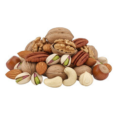 A diverse pile of assorted nuts including walnuts pecans pistachios almonds and cashews arranged in a heap on a transparent background with natural lighting highlighting their textures and colors