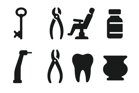 Vintage Dentistry Tools. Solid style icons of Vintage Dentistry: Tooth Key, Pliers, Chair, Novocaine Bottle, Drill, Forceps, Tooth