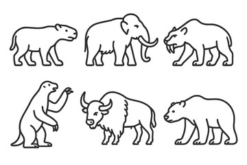 Naklejka premium Paleontology Line Icons. Line style icons of paleontology: prehistoric mammal, saber-toothed cat, woolly mammoth, giant sloth,