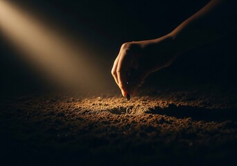 Hand reaching down to touch soil in a beam of light.