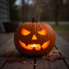 Carved jack-o'-lantern with lit candle sits on a wooden deck