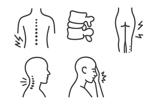 Chiropractic Care Icons. Line style icons of chiropractic care: common treated conditions, back pain symbol, herniated disc icon,