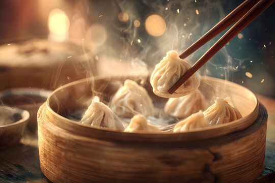 Steaming dumplings are lifted from a bamboo steamer in a cozy Asian restaurant setting - Powered by Adobe