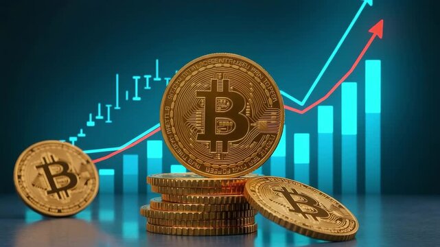 Golden bitcoin coins stacked with a rising financial chart in the background, symbolizing growth
