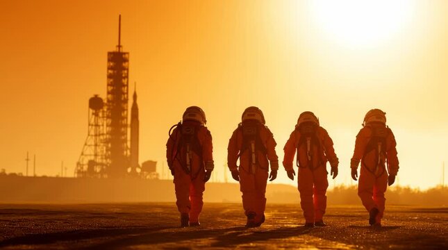 Four astronauts in orange spacesuits walking away from camera toward SLS rocket in distance, dramatic sunrise backlighting creating silhouettes, Kennedy Space Center launch pad visible, cinematic wide