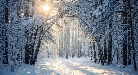 Fototapeta premium Sunlight filters through snow covered trees in forest
