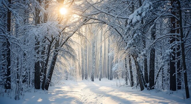 Sunlight filters through snow covered trees in forest
