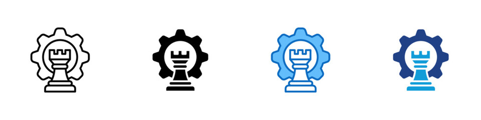 Strategy Planning Multiple Style Icon Design Vector - chess rook inside a gear symbolizing strategic thinking and tactical business planning © sahila