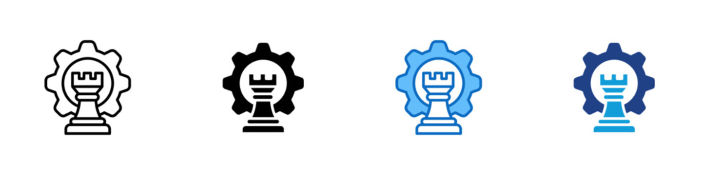 Strategy Planning Multiple Style Icon Design Vector - chess rook inside a gear symbolizing strategic thinking and tactical business planning