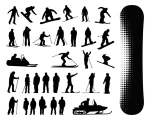 Fototapeta premium “Extreme sport silhouette illustrations in vector format, capturing motion and energy of athletes in skateboarding, BMX, snowboarding, and surfing, suitable for posters, apparel, and graphic projects.